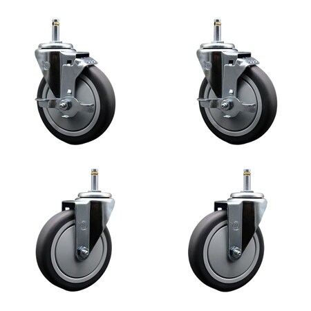 Service Caster 5'' Thermo Rubber Wheel Swivel 7/16'' Grip Ring Stem Caster Set 2 Brake, 4PK SCC-GR20S514-TPRB-TLB-716138-2-S-2